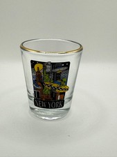 New York Shot Glass - Twin Towers Skyline with Alien UFO Taxi, Gold Rim