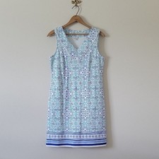 Talbots White Blue Tile Print Stripe Sleeveless Knit Dress Size Medium Petite MP