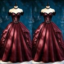 Gothic Wedding Dress Off the Shoulder Burgundy & Black Lace Applique Bridal Gown