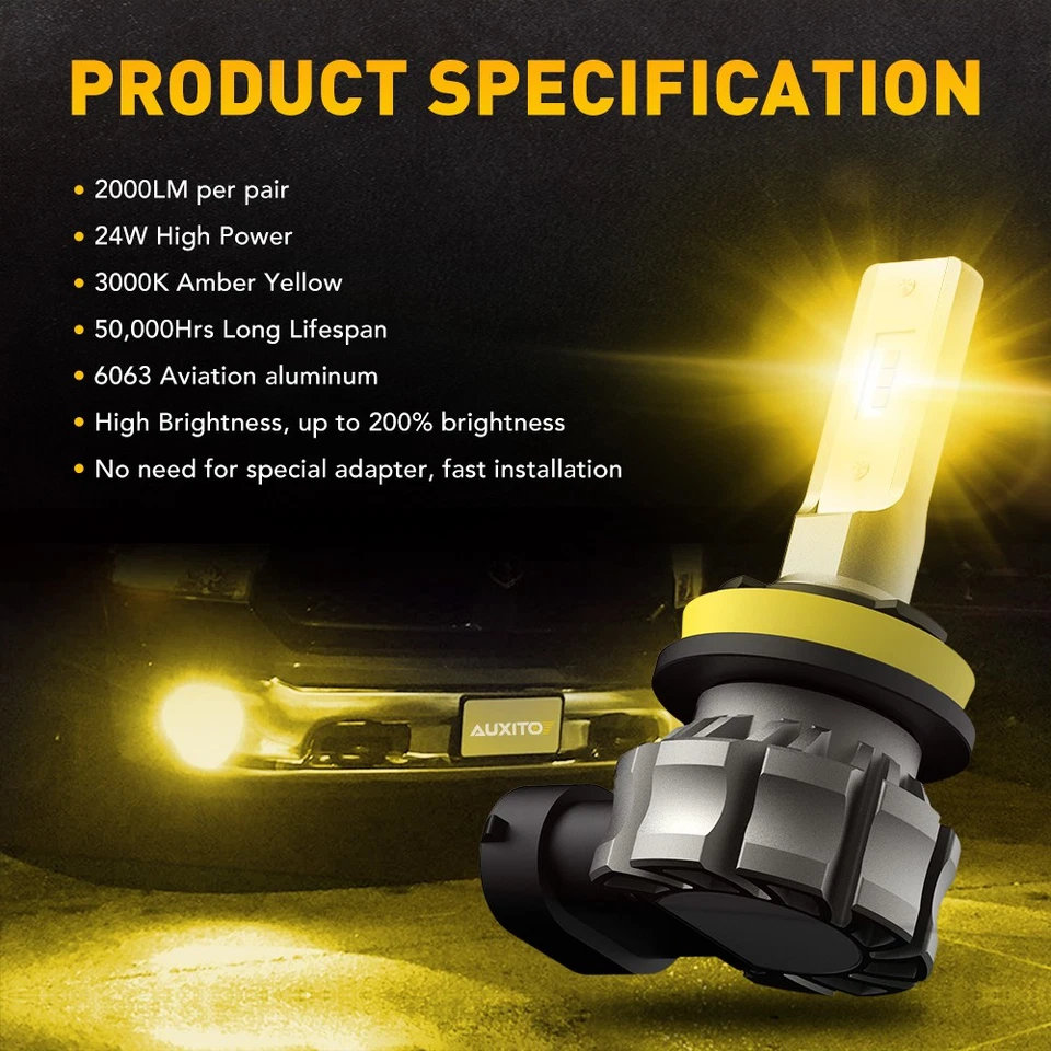 AUXITO H11 H8 LED Bulb Golden Yellow Super Bright Fog Light DRL High Power 2~10X - Image 2 of 4