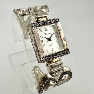 Geneva Watch Womens Silver Tone 6'' Cuff Bracelet Heart Design 24mm, New Battery
