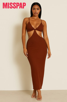Misspap Midaxi-Kleid gerippt Cut Out schokobraun UK 10 figurbetont Träger