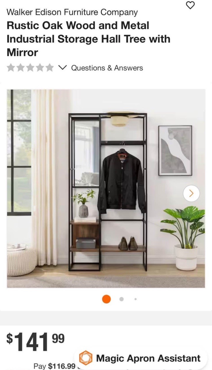 Walker Edison Industrial Wood Metal Hall Tree with Mirror & Shelves, Brown Black