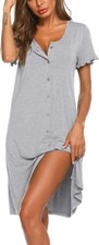 Ekouaer Women's Nightdress Short Sleeve Nightshirt Button Down Nightgown V-Neck