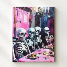 Elegant Skeleton Feast Canvas Vintage Gothic Halloween Dining Art Wall Art