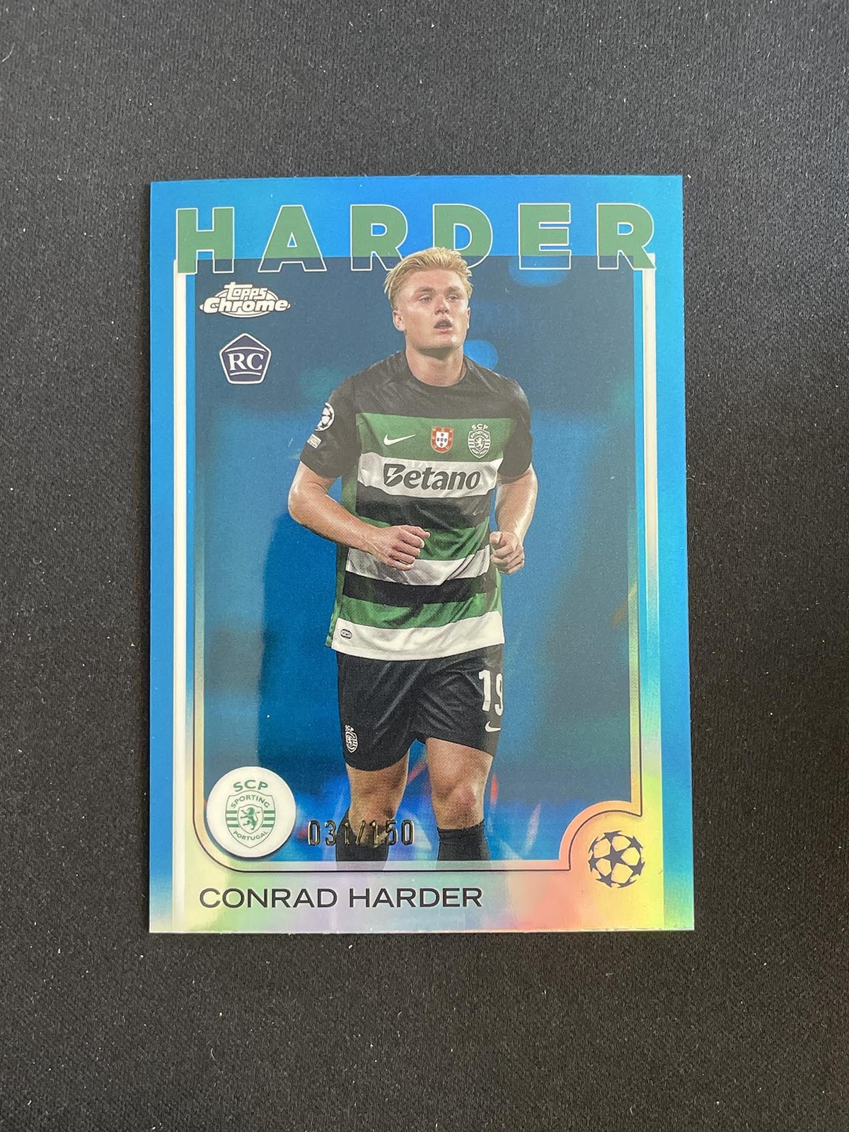 Conrad Harder 2024-25 Topps Chrome UEFA Blue Refractor 031/150 RC #177