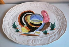 Thanksgiving Turkey Platter Vintage Ceramic Embossed Painted 18"x14"-Japan