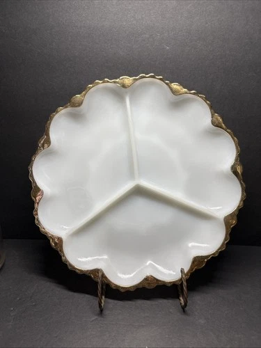 Vtg MCM Anchor Hocking  Milk Glass Gold Trim Divided 10” Fire King Relish Tray
