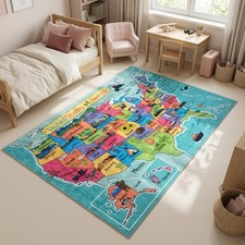 USA Map Kids Rug Educational Playroom Rug With Non Slip Option