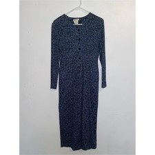Talbots Vintage 90s Y2K Phoebe Buffay Navy Long-Sleeve Floral Button-Front Dress
