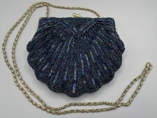 Vintage La Regale Blue Iridescent Beaded Clamshell Purse Clutch w Chain Strap
