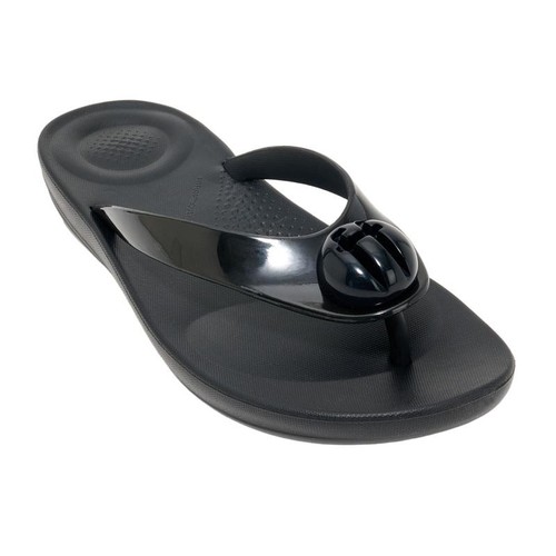 FitFlop iQushion Glossy Button Flip Flops Sandals Black US 9 EUR 41 New
