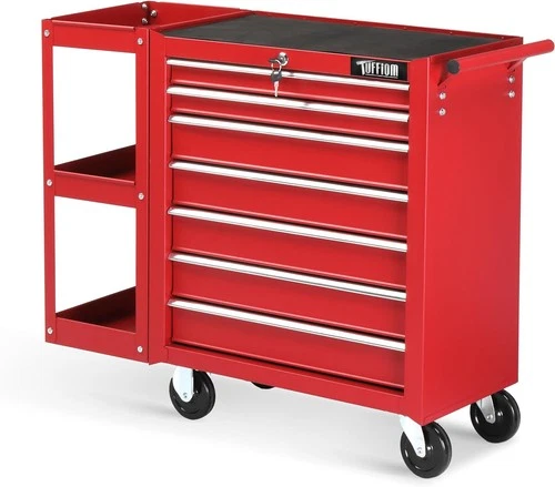 New 7-Drawer Rolling Tool Chest Tool Cabinet Storage Box with Side Shelves Red