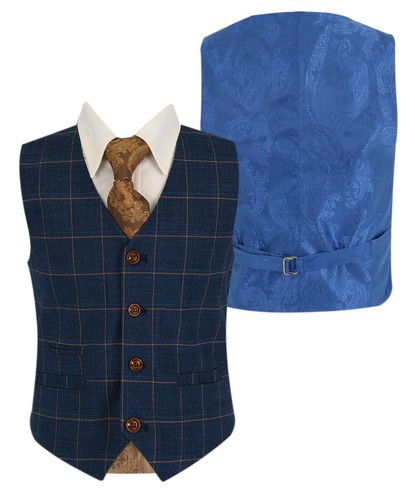 Mens Boys Windowpane Check Suit Blue Wedding Father Son Matching 3 Piece Set - Picture 19 of 24