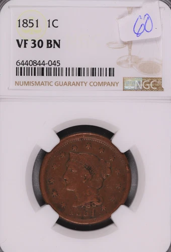 1851 Braided Hair Large Cent NGC VF-30 BN #4-045