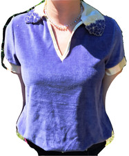 Vintage 70s Womens Terry Cloth Textured Top Shirt Tee Satin Collar New with Tags