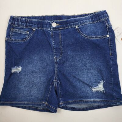 Just Be Denim Shorts Elastic Waist Distressed Rips Dark Wash womens Size 1XL new