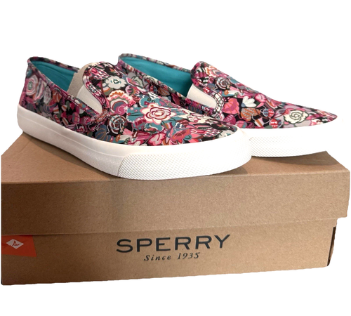 Sperry Damen-Slipper Turnschuhe rosa Blumen Memory Foam Größe Top-Siders 7,5 M neu im Karton