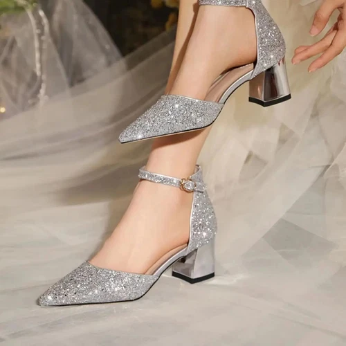 Women Sequins Thick High Heels Ankle Strap Luxury Pumps Wedding arty Shoes - Bild 3 von 17