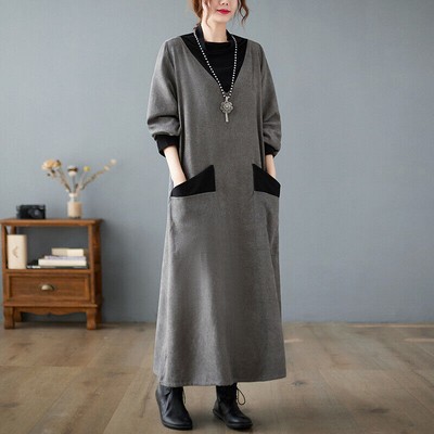 Womens Half High Neck Long Sleeves Big Pockets Loose Fashion Dress Casual Gown