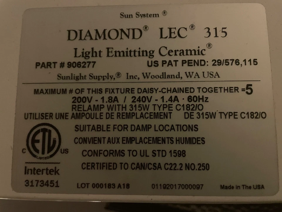 SUN SYSTEM LEC 315 LEC LUZ DE CRECIMIENTO -usado Foto 3 de 3