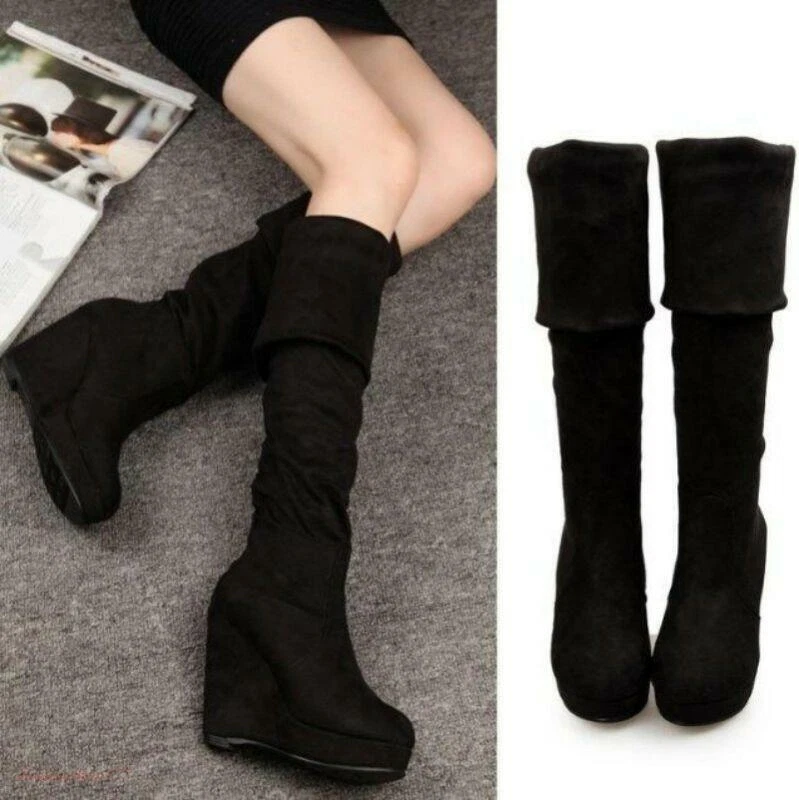Women Over The Knee High Boots Faux Suede Wedge 10Cm High Heels Platform Shoes - Image 3 of 4