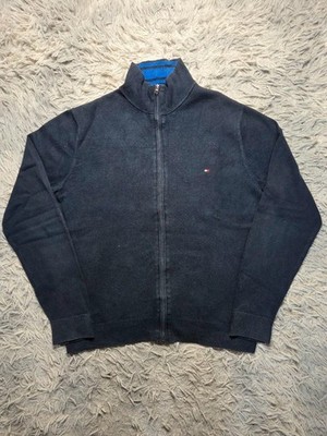 Vintage Tommy Hilfiger Premium Cotton Zip Pullover Marineblau Logo bestickt Usa Sty