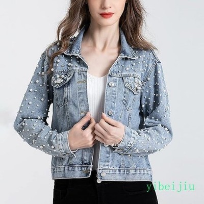 Women's Beads Studded Denim Jeans Jackets Classic Western Cowboy Coats College
