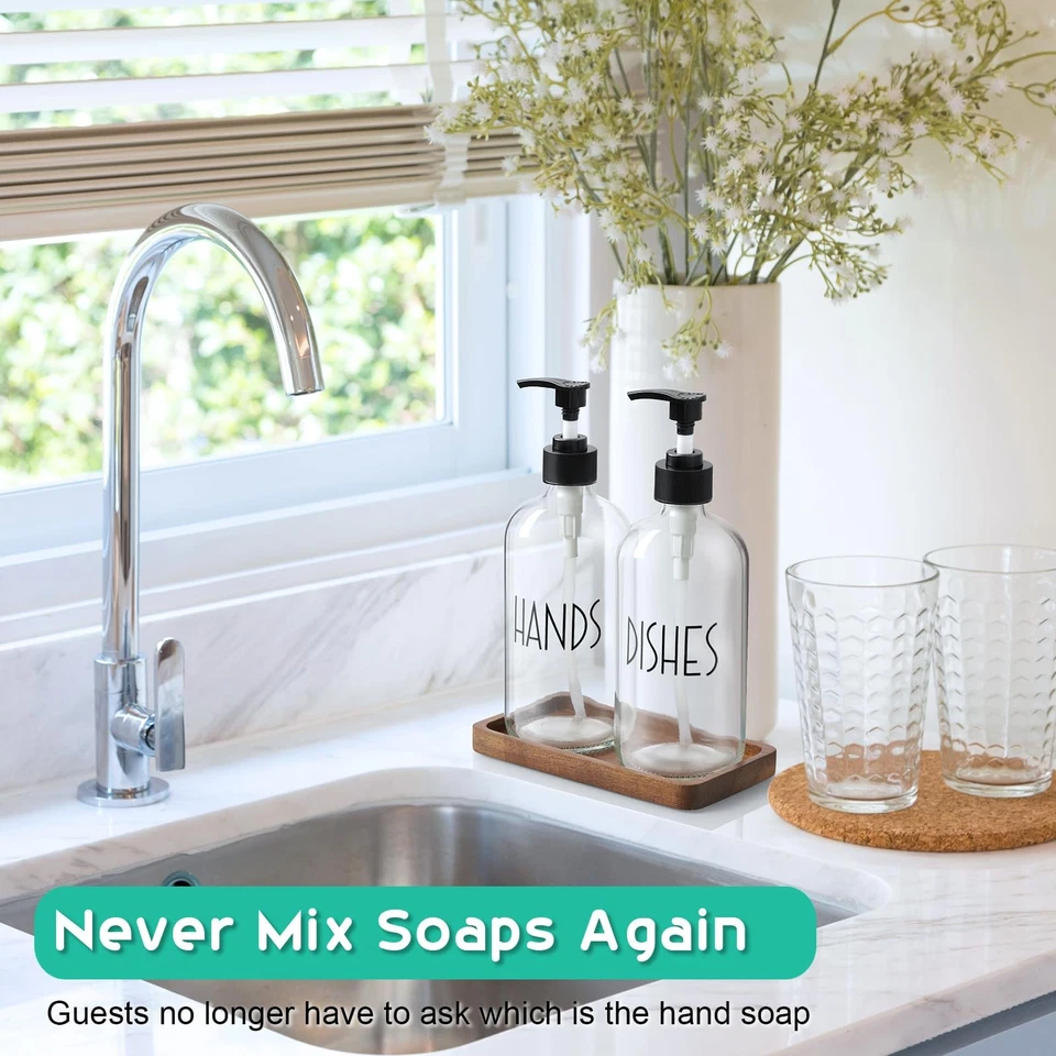 Dispensador de jabón de vidrio con bomba - Juego de dispensador de jabón de manos y plato transparente de 16 OZ... Foto 2 de 4