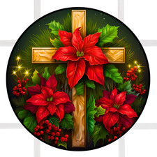 Cross & Poinsettia Faux Stained-Glass WINDOW CLING Sun-catcher Size 9" Vinyl