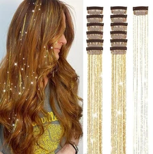 Gold Hair Tinsel Packs of 12Pcs Clip in Hair Tinsel Kit 20.5 inch Fairy Hair ...