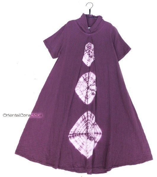 W Gasa Algodón Flor Tie-Dye Cuello Suelto A-Line Vestido Púrpura Boho Natural
