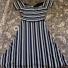 Loft Size Small Off The Shoulder Navy Striped Wrap Back Flare Dress Party