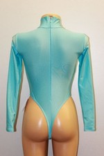 Women Thong Leotard 130-92 High Collar Zipper Back Light Blue Spandex Size S