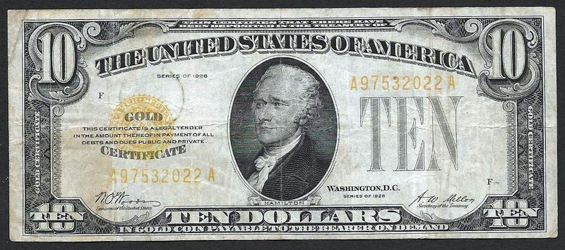 1928 $10 Gold Certificate Note FR# 2400  Very Fine VF details with minor stains