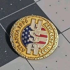 USA Atlanta 1996 Gold Enamel Round 1" Metal Pinback Vintage Pin Red Wht Blue