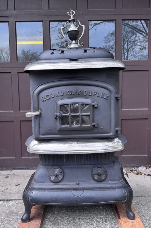 Antique Round Oak Duplex Wood Burning Stove