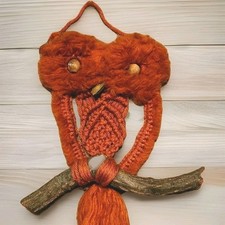 Vintage Owl Macrame Wall Hanging Bead Eyes Branches Woven Jute Retro Boho Decor
