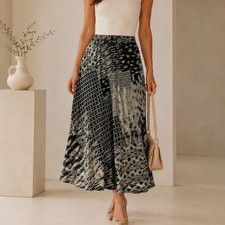 Christopher & Banks Mixed Print Midi Skirt Olive Green Black Geometric Medium o3