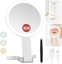 Espejo de Maquillaje Iluminado, Espejo de Lupa 30X con Luz y Brillo Ajustable
