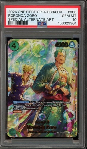 One Piece CCG Roronoa Zoro OP14-EB04 Special Alternate Art PRB02-006 PSA 10