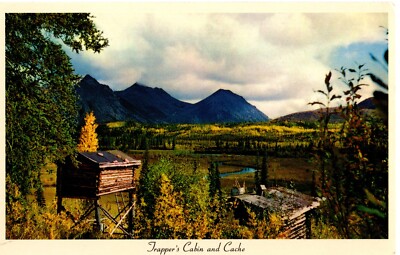 Postcard Trapper's Log Cabin and Cache on the Little Tok River, near Tok Alaska