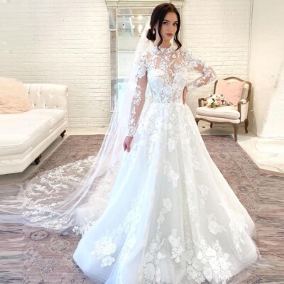 old fashioned high neck dress Charming Vintage Lace High Neck See Through Sheath Wedding Dresses, AB AlineBridal