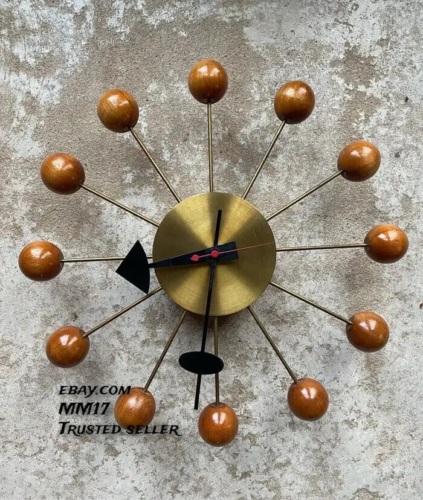 George Nelson Mid Century Ball Clock in Brass and Wood Vintage Home Decor - Picture 3 of 9