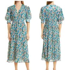 GANNI floral-print pleated Smocked Plissé Georgette midi dress Sz 4 Retail $325