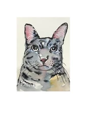 Aceo Original Art Card Painting by Kenna Tabby Cat  Watercolour 2.5” X 3.5”