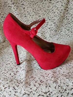 Qupid Platform Stilleto Red Suede Pumps Ankle Strap Size 6.5