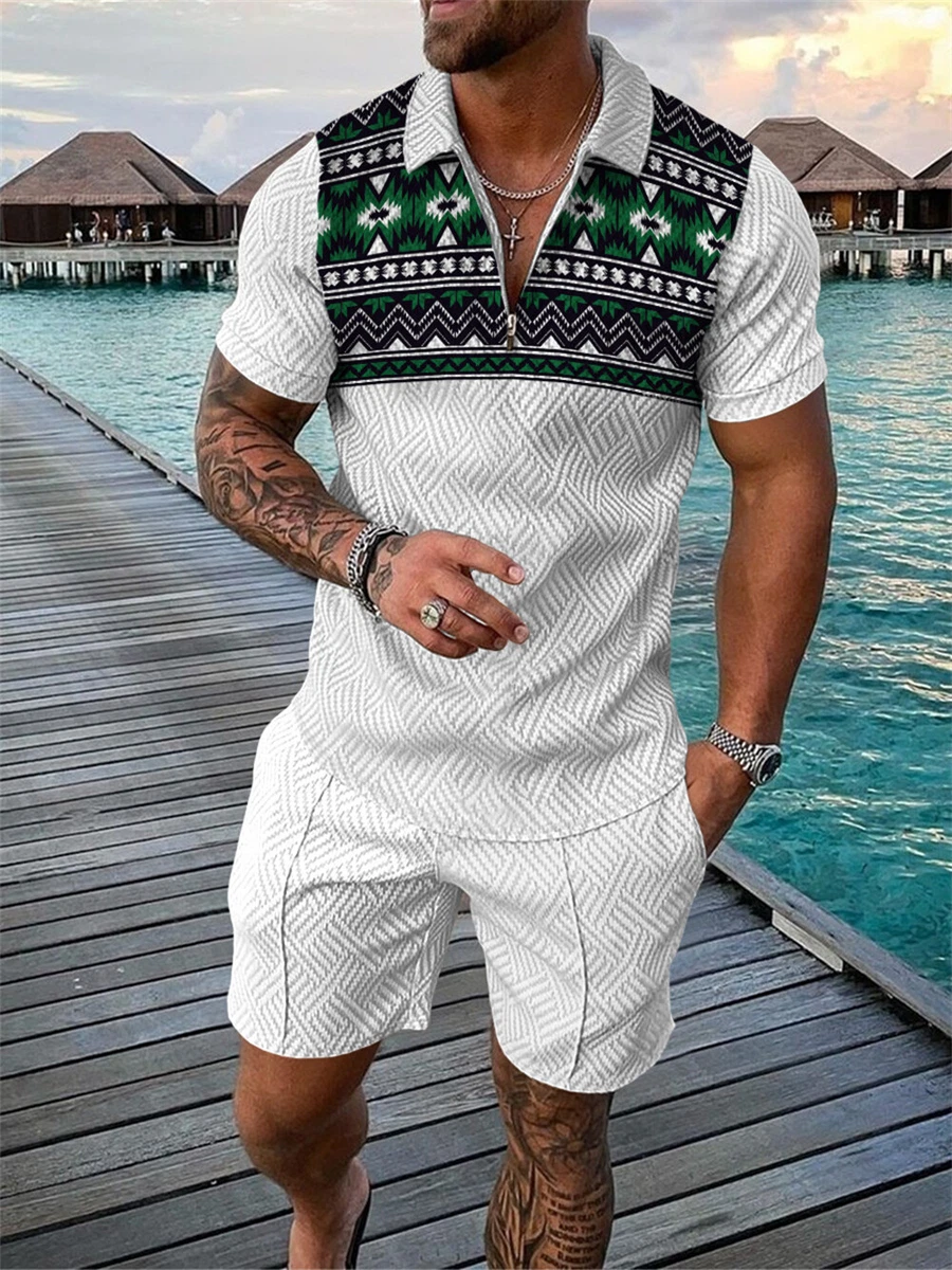 Mens Summer Outfit 2-Piece Set Short Sleeve Polo Shirts and Shorts  Sweatsuit Set