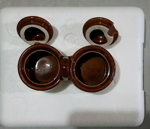 Vintage Dark Brown & Tan Stoneware Pottery Twin Jelly/Jam Condiment Serving Set - Picture 2 of 7