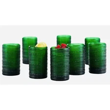 Set of 8 Fortessa Jupiter Glass Tumblers Green Beaded Textured 13 Ounces Each